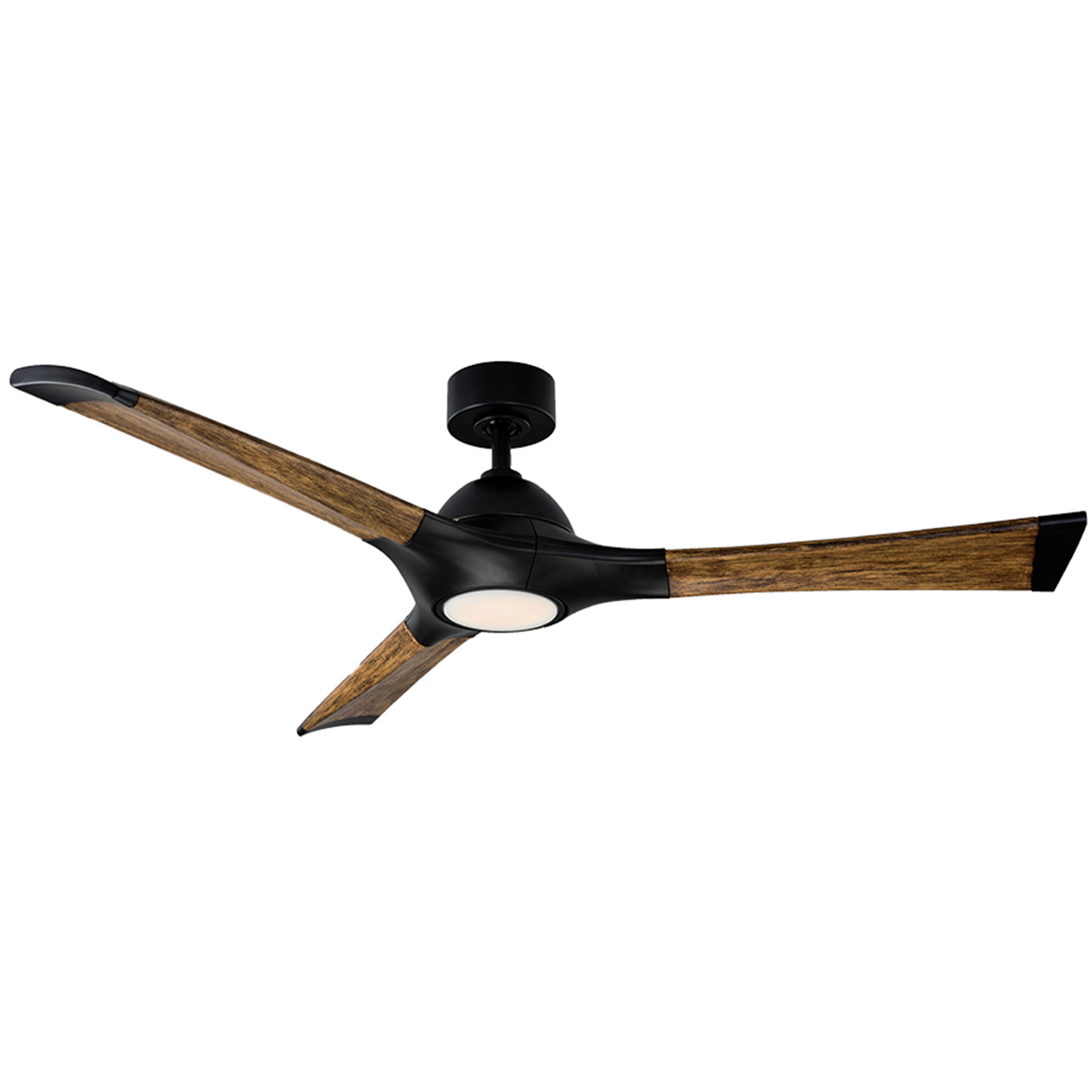 Woody 60 inch Matte Black and Distressed Koa with Distressed Koa Blades Downrod Ceiling Fan in 3500K, Matte Black Distressed Koa