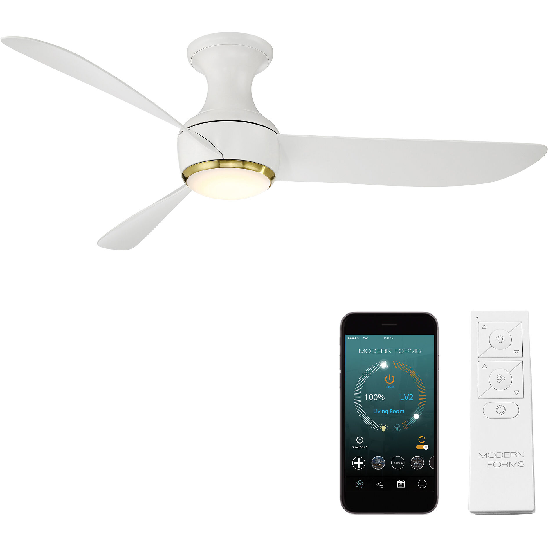 Corona 52 inch Soft Brass and Matte White with Matte White Blades Flush Mount Ceiling Fan in 3500K, Soft Brass Matte White
