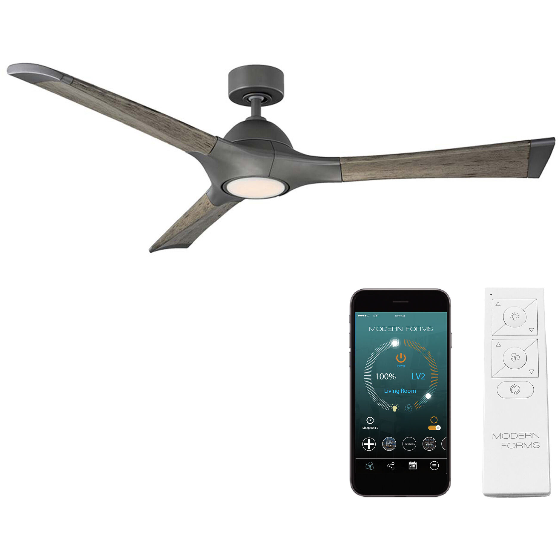 Modern Forms FR W1814 60L GH WG Woody 60 inch Graphite Weathered Gray with Weathered Gray Blades Downrod Ceiling Fan in 3000K Smart Ceiling Fan