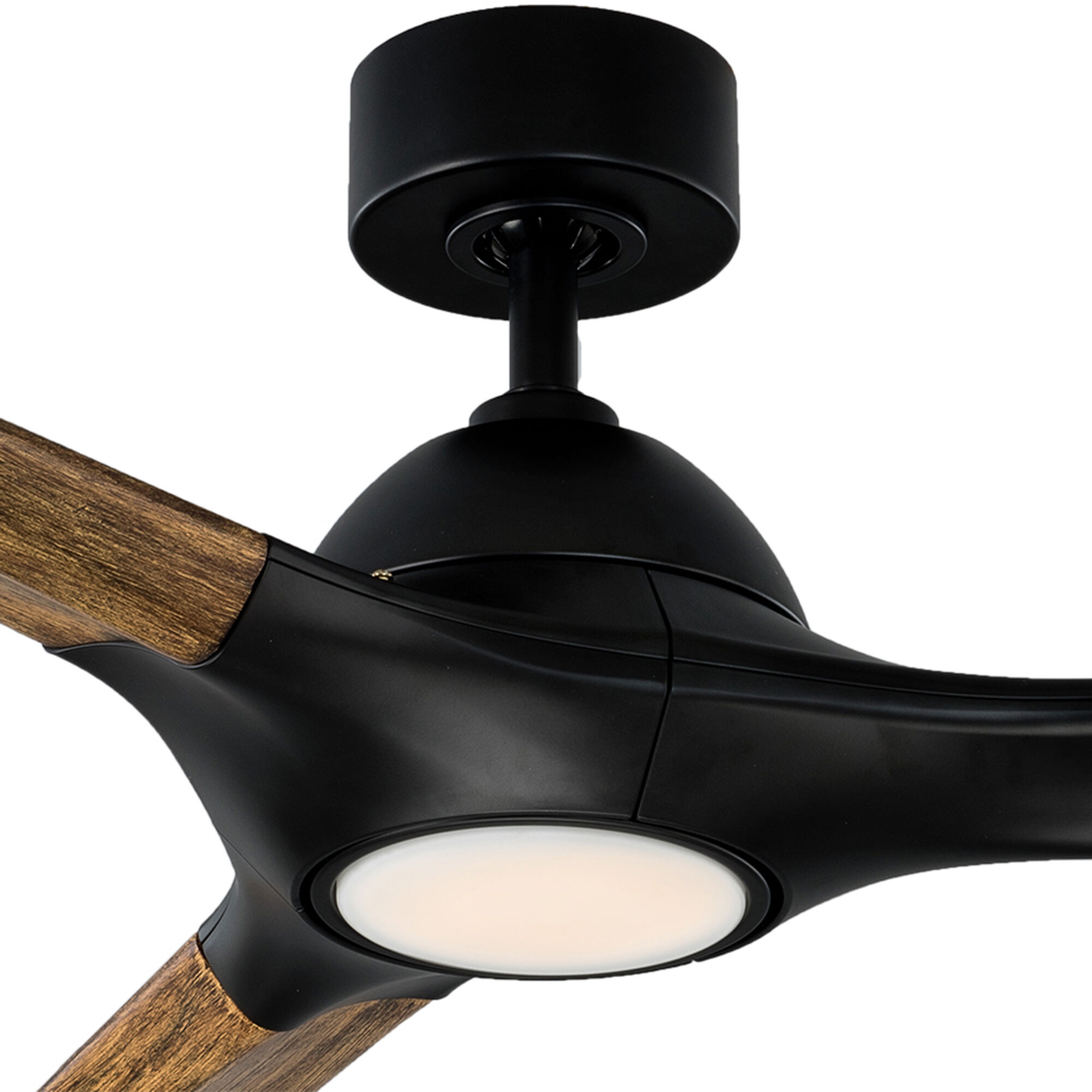 Woody 60 inch Matte Black and Distressed Koa with Distressed Koa Blades Downrod Ceiling Fan in 3500K, Matte Black Distressed Koa
