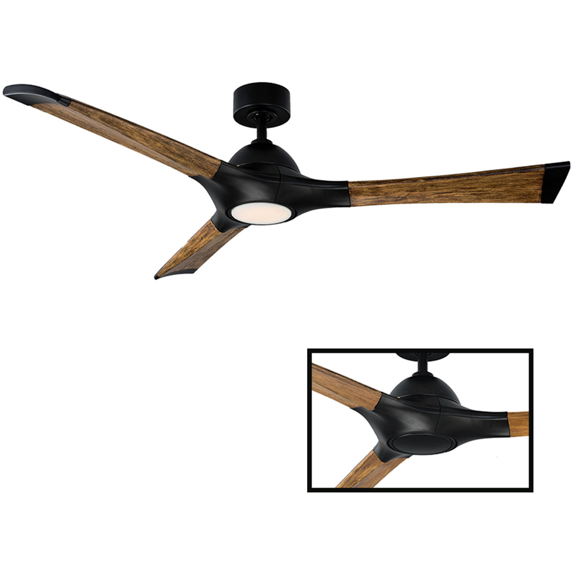 Woody 60 inch Matte Black and Distressed Koa with Distressed Koa Blades Downrod Ceiling Fan in 3500K, Matte Black Distressed Koa