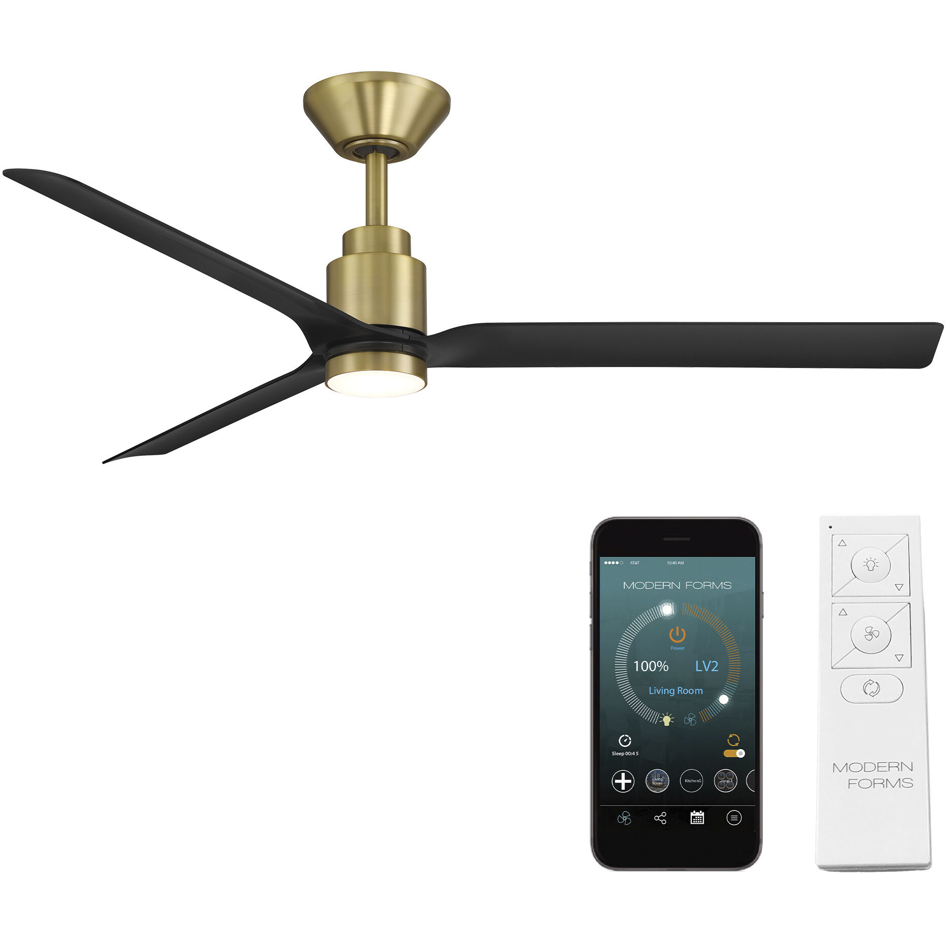 Smooth 52 inch Soft Brass and Matte Black with Matte Black Blades Downrod Ceiling Fan in Soft Brass Matte Black