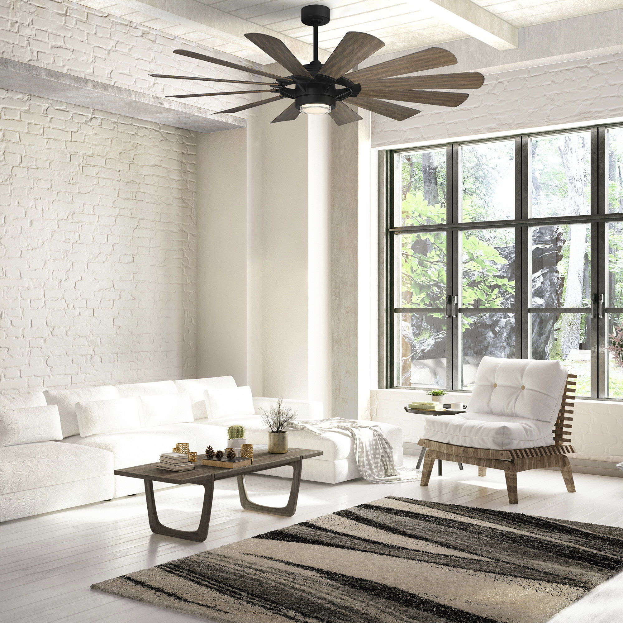 Wyndmill 65 inch Matte Black and Barn Wood with Barn Wood Blades Downrod Ceiling Fan in 3000K, Matte Black Barn Wood