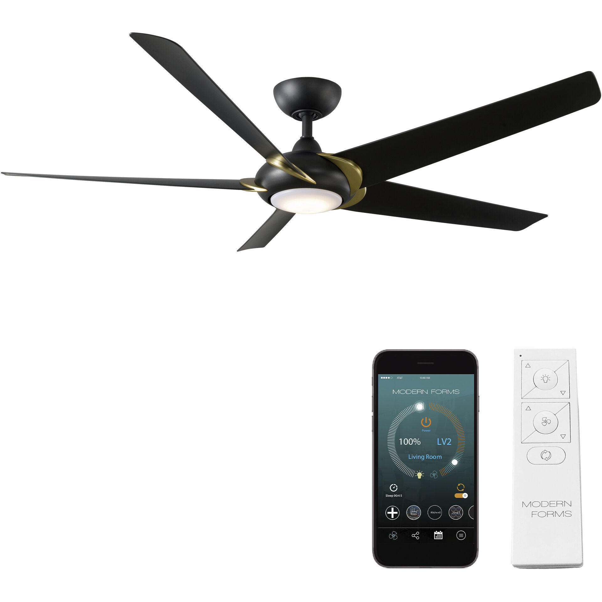 Lucid 62 inch Soft Brass and Matte Black with Matte Black Blades Downrod Ceiling Fan in 3000K, Soft Brass Matte Black