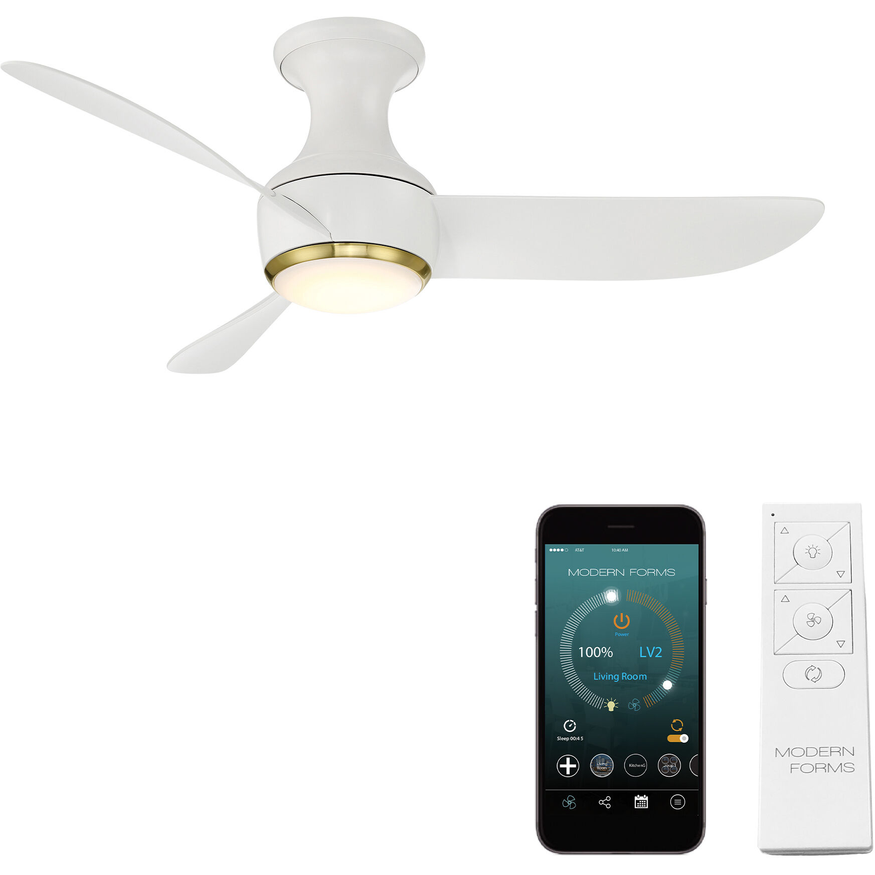 Corona 44 inch Soft Brass and Matte White with Matte White Blades Flush Mount Ceiling Fan in 2700K, Soft Brass Matte White