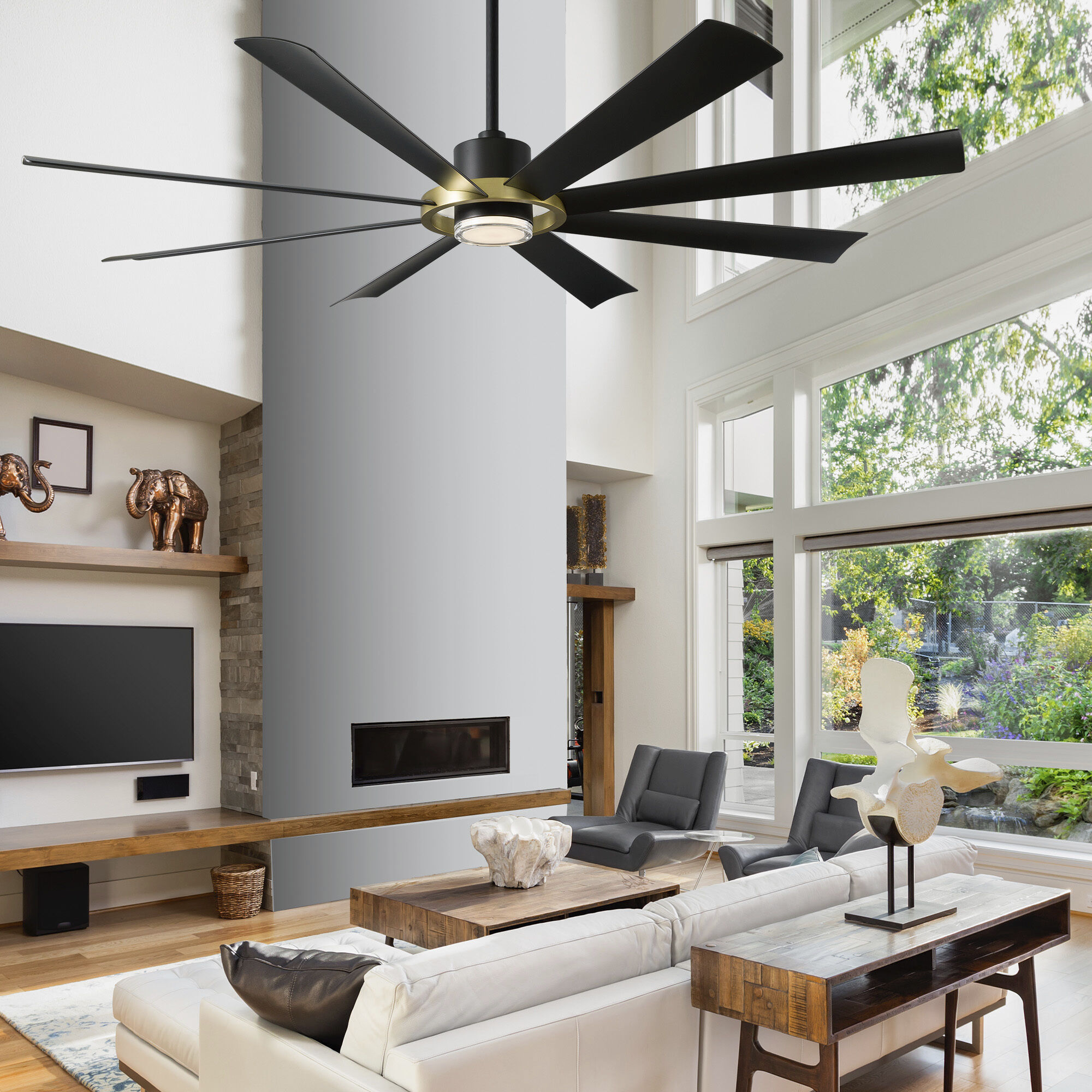 Aura 72 inch Soft Brass and Matte Black with Matte Black Blades Downrod Ceiling Fan in Soft Brass Matte Black