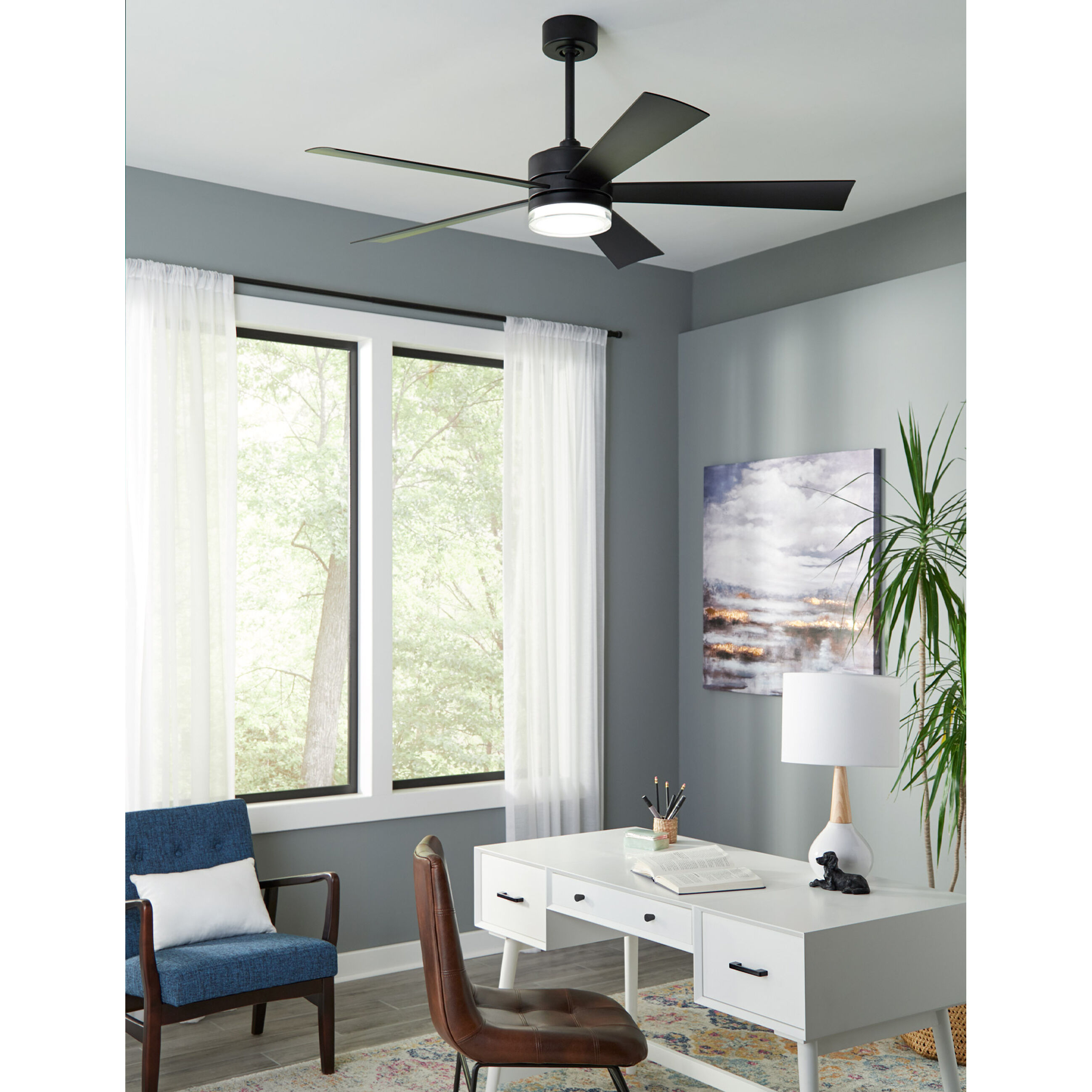 Wynd 60 inch Matte Black Downrod Ceiling Fan in 3000K, Smart Ceiling Fan
