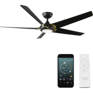 Lucid 62 inch Soft Brass and Matte Black with Matte Black Blades Downrod Ceiling Fan