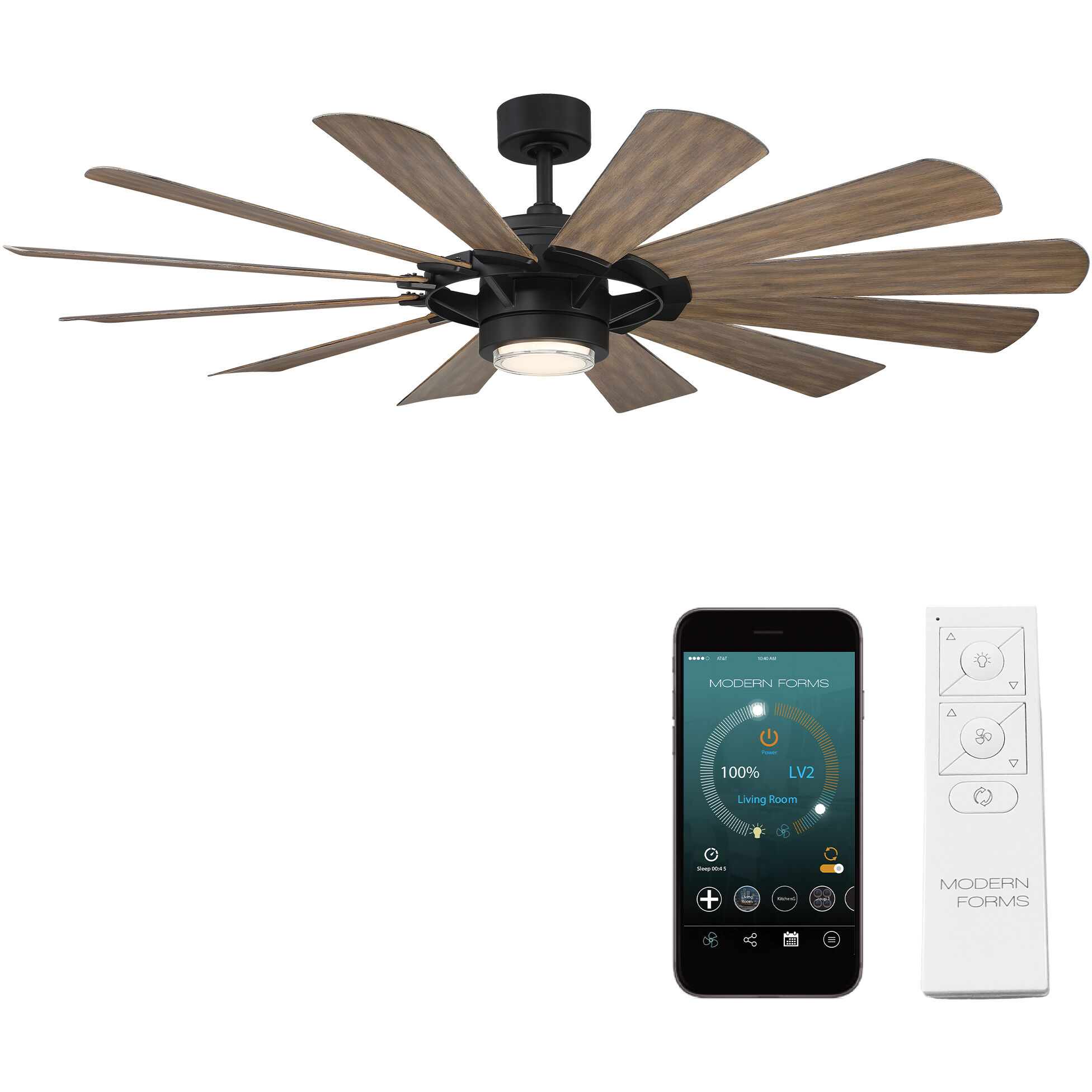 Wyndmill 65 inch Matte Black and Barn Wood with Barn Wood Blades Downrod Ceiling Fan in 2700K, Matte Black Barn Wood