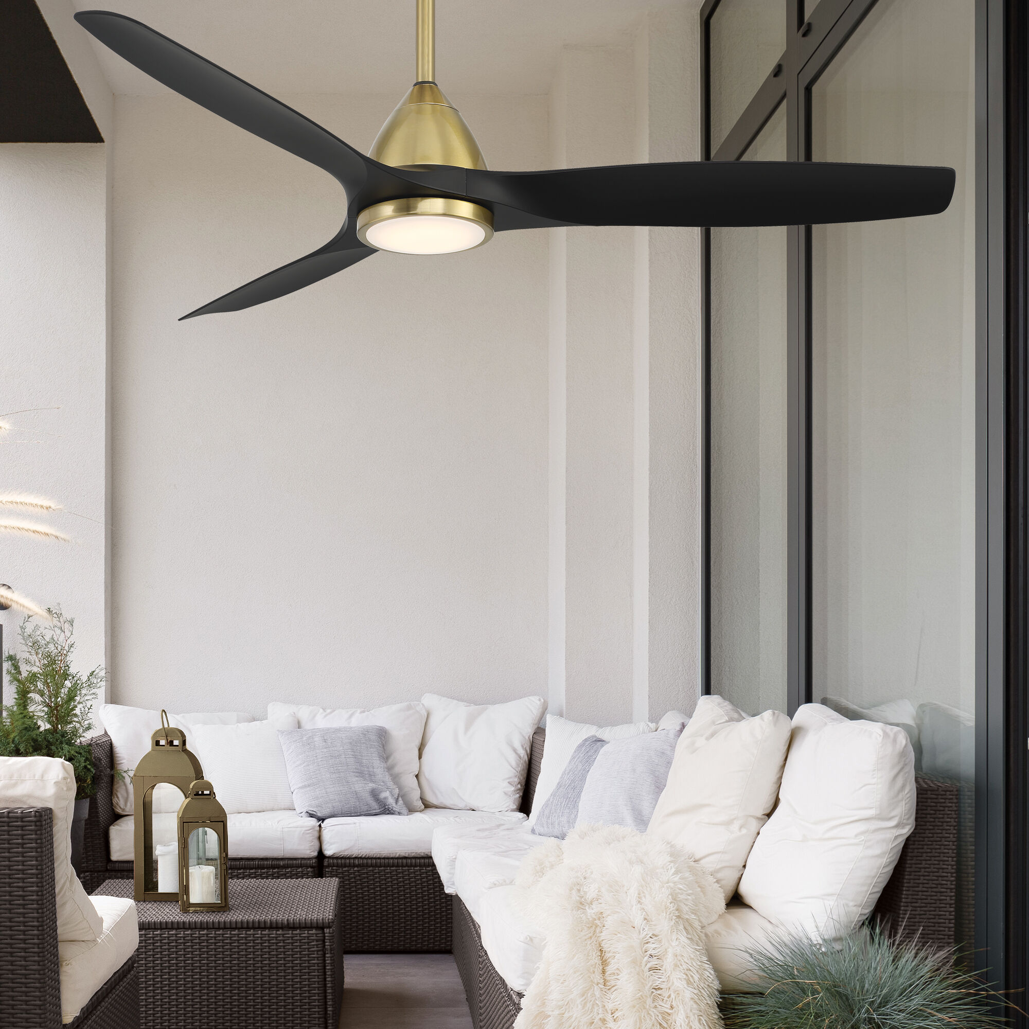 Skylark 54 inch Soft Brass and Matte Black with Matte Black Blades Downrod Ceiling Fan in Soft Brass Matte Black