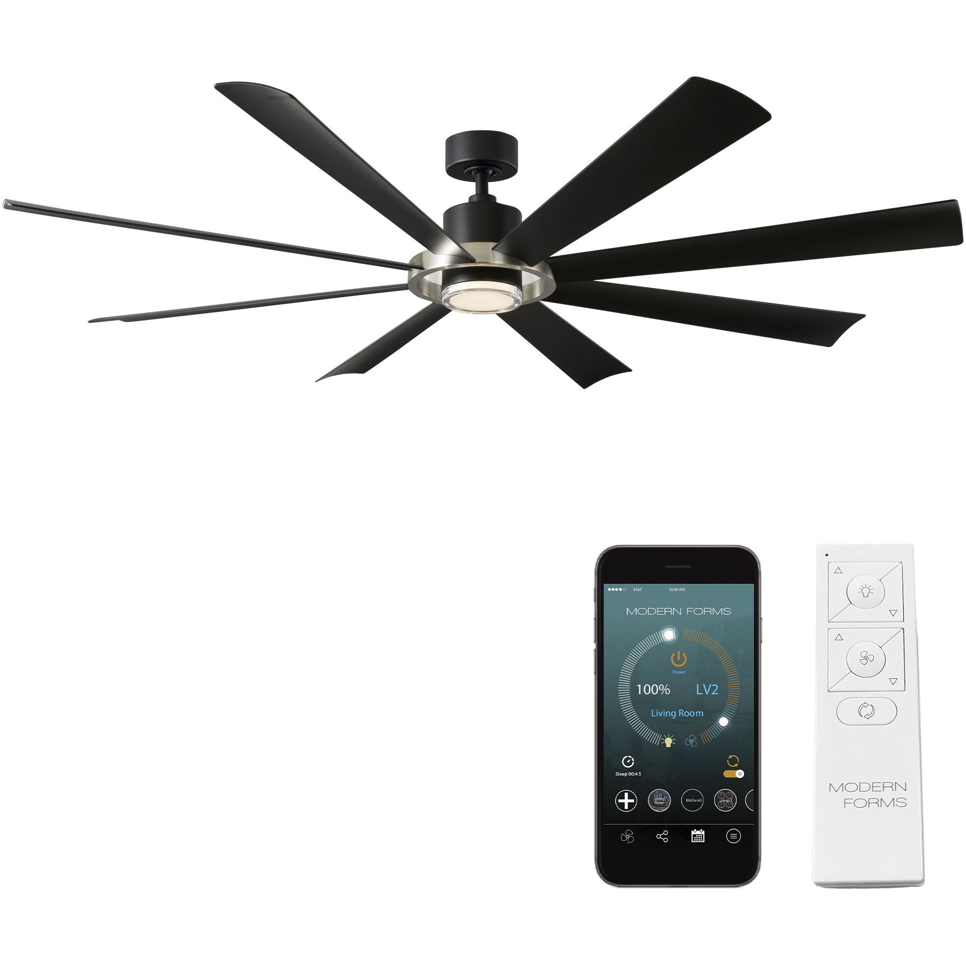 Aura 72 inch Brushed Nickel Matte Black with Matte Black Blades Downrod Ceiling Fan in 2700K, Brushed Nickel and Matte Black