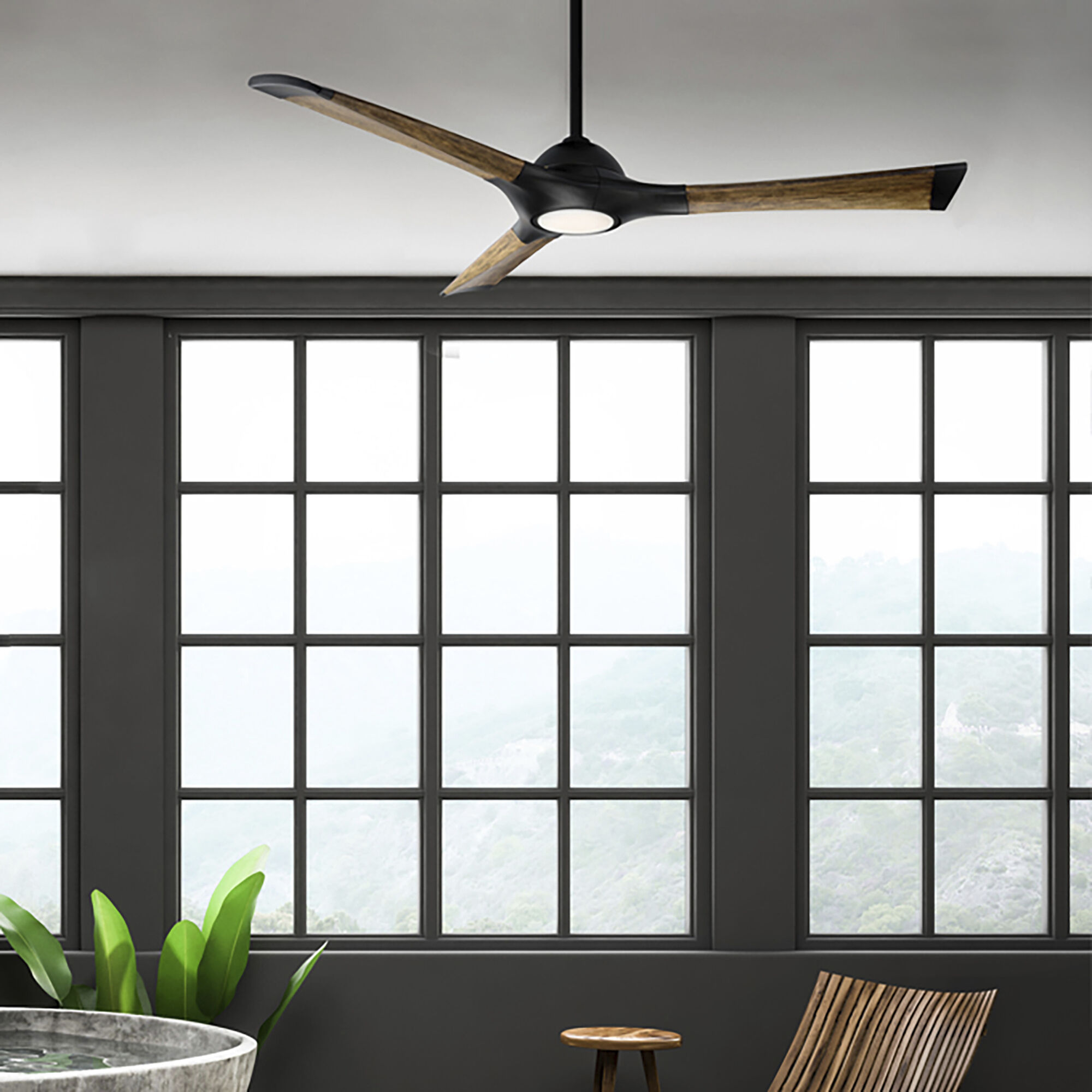 Woody 60 inch Matte Black and Distressed Koa with Distressed Koa Blades Downrod Ceiling Fan in 3500K, Matte Black Distressed Koa
