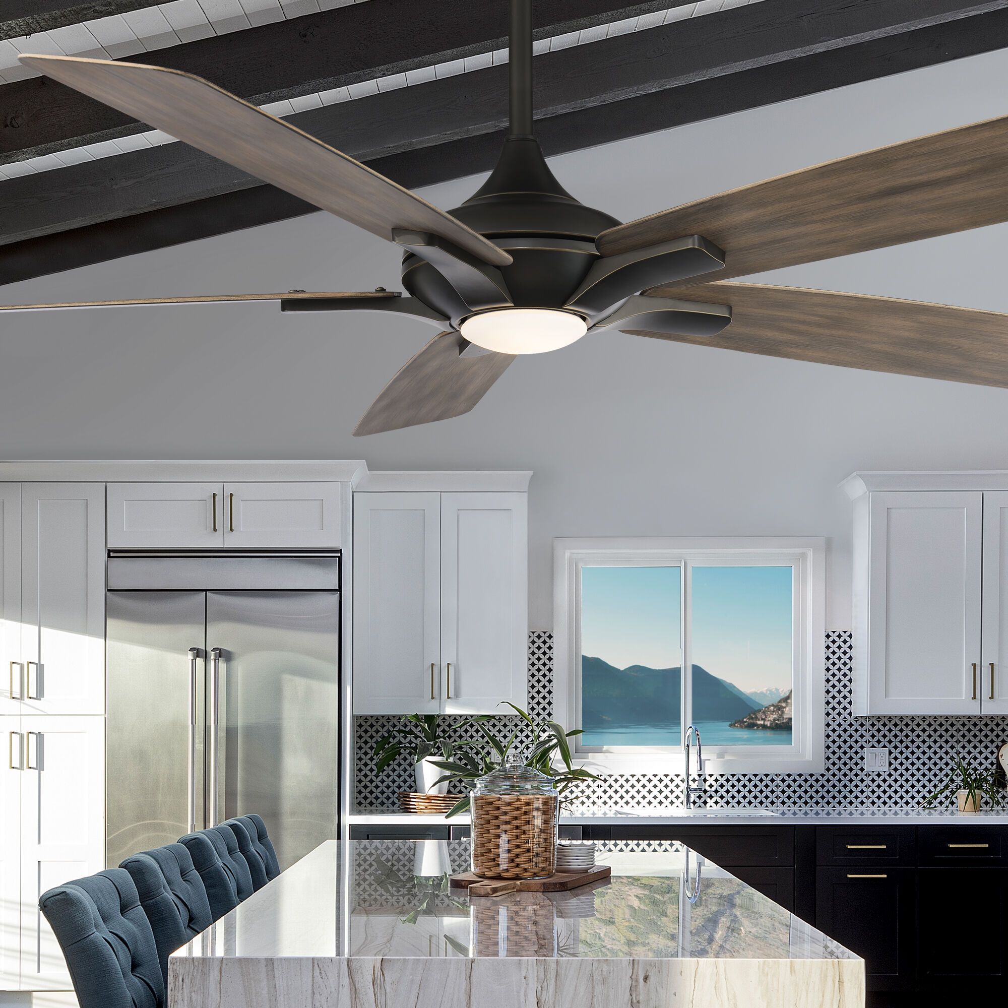Mykonos 5 60 inch Oil Rubbed Bronze and Barn Wood with Barn Wood Blades Downrod Ceiling Fan in 2700K, Oil Rubbed Bronze Barn Wood